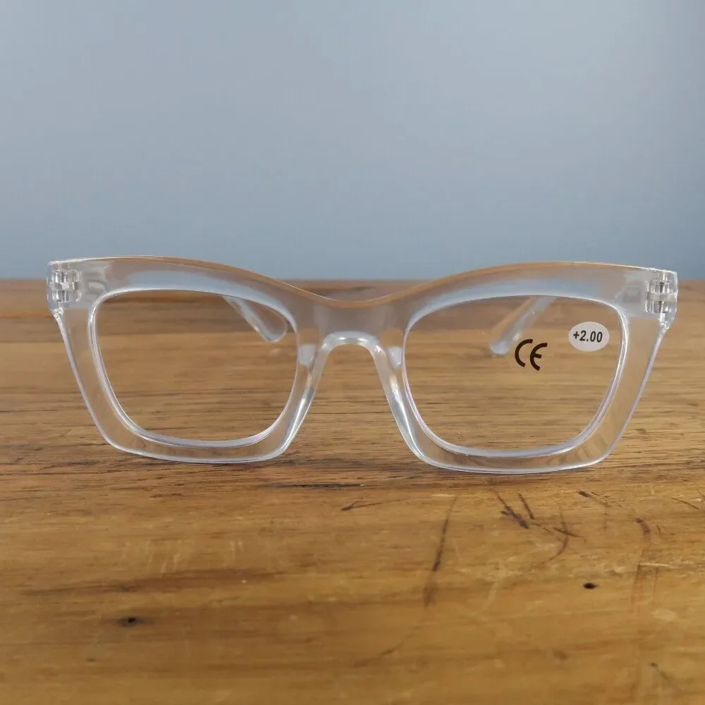 RETRO TRENDY CLEAR WHITE READER GLASSES +2.00 NWT